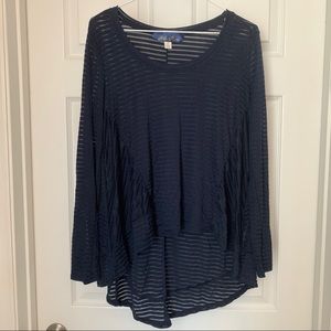 Hi-Low Navy Long Sleeve Striped Burnout Top